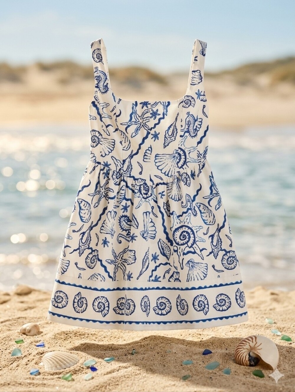 H&M White Mini Dress with Blue Seashell Print